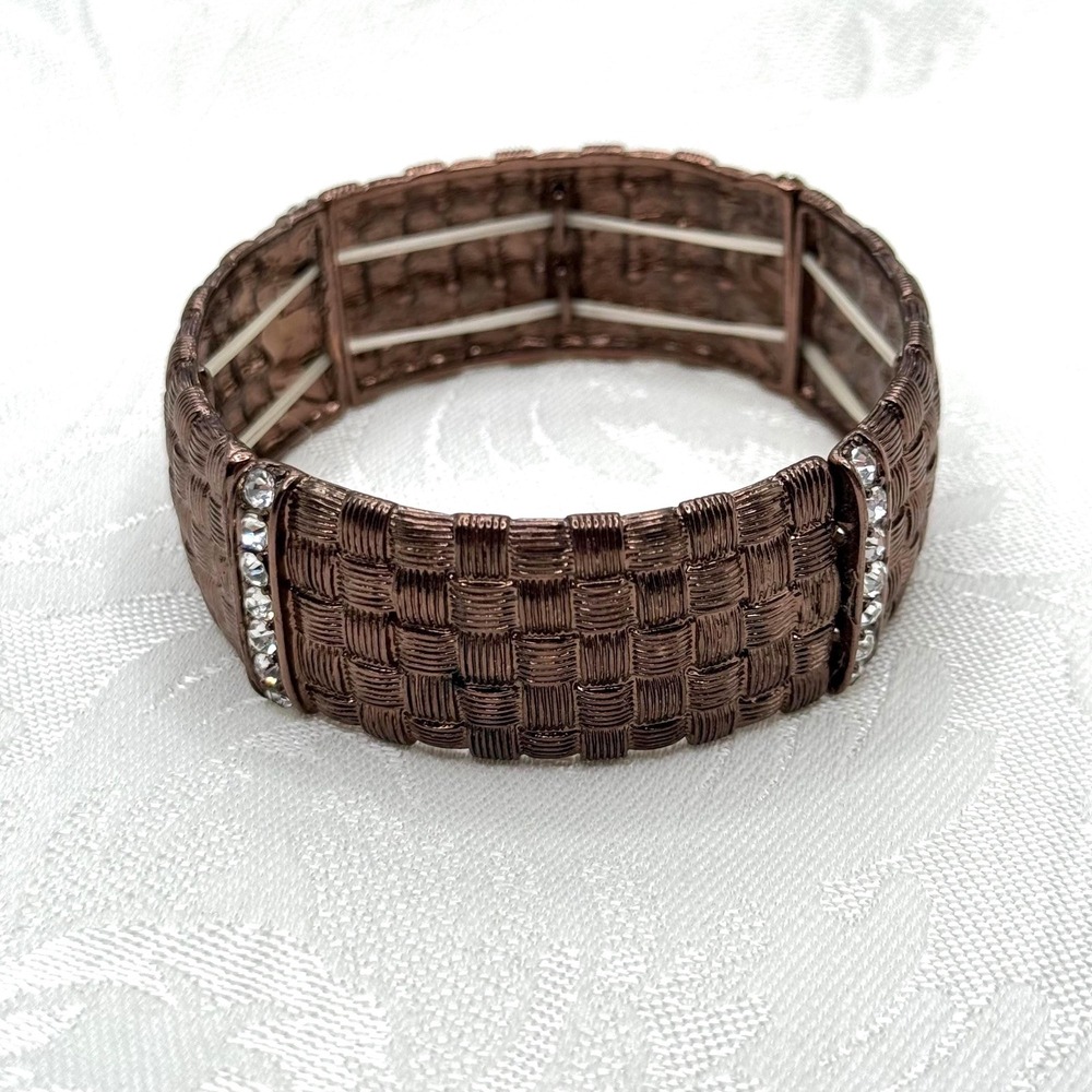 Vintage Copper Brown Woven Lattice Belt Style Stretch Bracelet with Rhinestones
